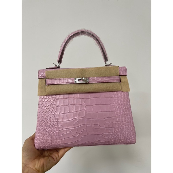 Túi xách nữ thương hiệu Hermes Kelly 25 da cá sấu cao cấp bản màu hồng