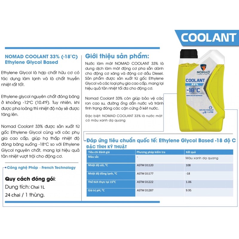 NOMAD COOLANT. Nước làm mát động cơ công nghệ cao 33% thành phần làm mát dành cho xe máy, xe hơi, xe tải.