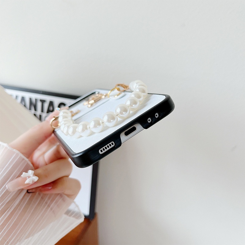 Bao Da pu Điện Thoại Nắp Lật Đính Hạt Ngọc Trai Hình Gấu Cho samsung galaxy z flip 4 3 flip3 fold 4 3 fold4 5g Ốp