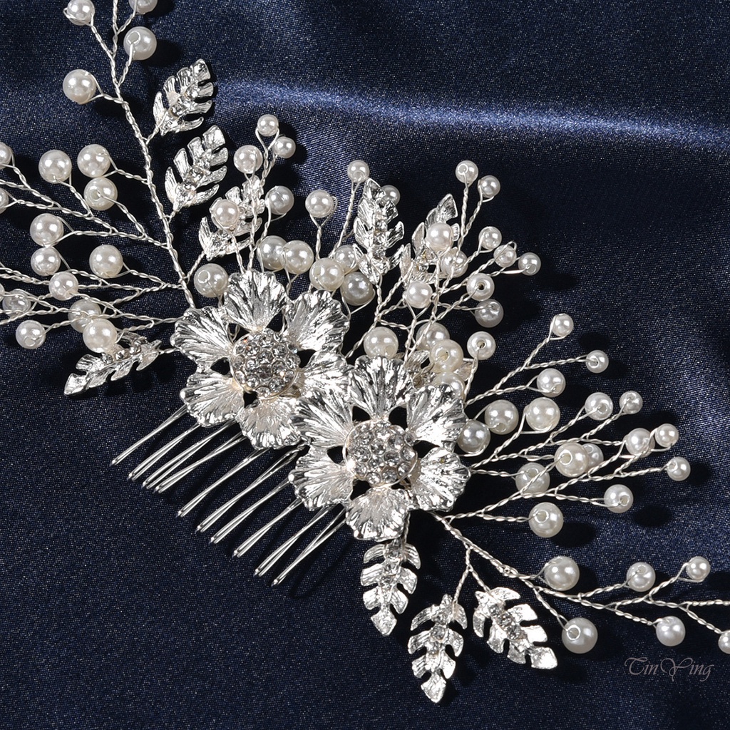 GETNOIVAS Trâm Cài Tóc Hình Hoa Đính Ngọc Trai Nhân Tạo Màu Bạc Dành Cho Cô Dâu