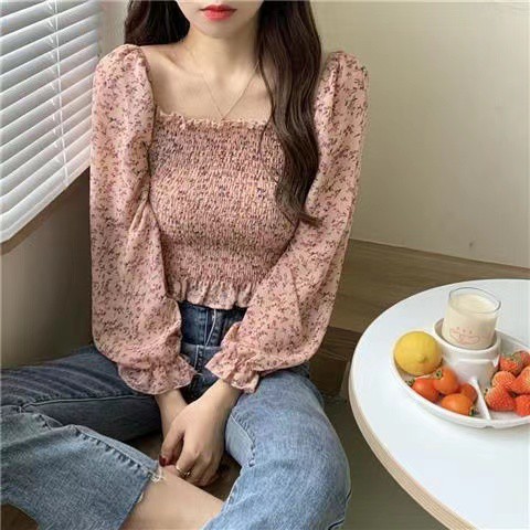 AGA áo kiểu hoa dài tay cổ vuông ngọt ngào của phụ áo sơ mi nữ