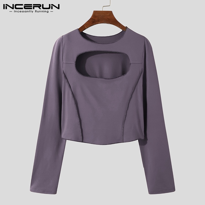 Áo thun INCERUN dáng ngắn co giãn khoét lỗ tay dài màu trơn đi chơi dành cho nam