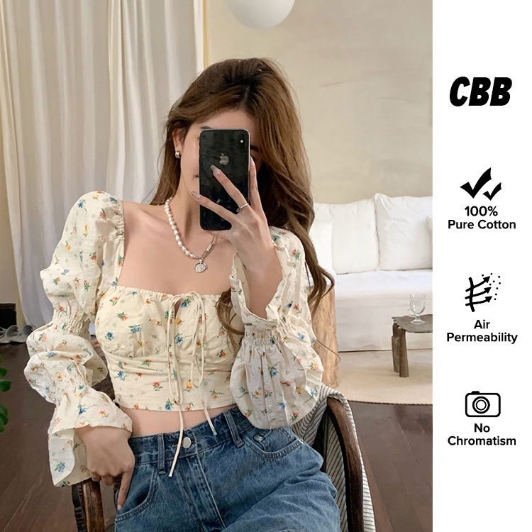 Porozi  áo sơ mi nữ  Áo Kiểu Tay Dài Cổ Vuông Họa Tiết Hoa Phong Cách Hàn Quốc Cho Nữáo croptop