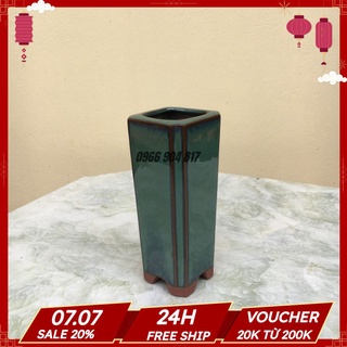 Chậu bonsai vuông cao mini men xanh ngọc gốm bát tràng 1 size bm-83