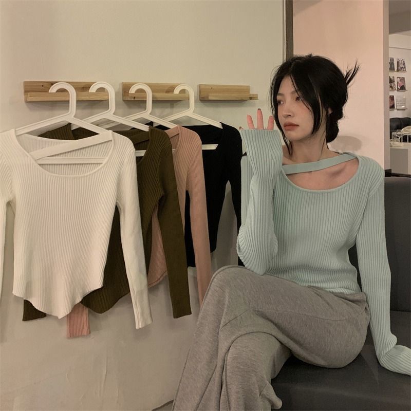 COZOK Áo sweater Dệt Kim Tay Dài Trễ Vai Thiết Kế Lệch Tà Cá Tính Dễ Phối Đồ