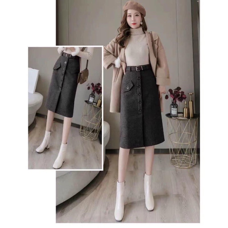 Chân váy dạ dài túi lệch kèm đai