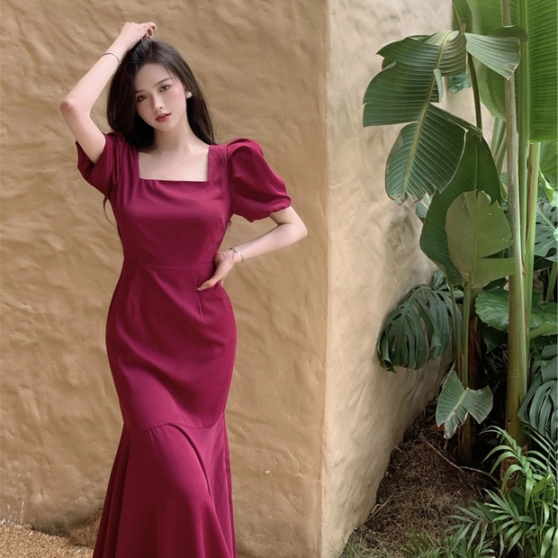 Váy nữ Vic's cổ vuông đuôi cá thiết kế tay phồng dáng dài, Đầm thời trang công sở cao cấp dự tiệc sang trọng V105 | BigBuy360 - bigbuy360.vn