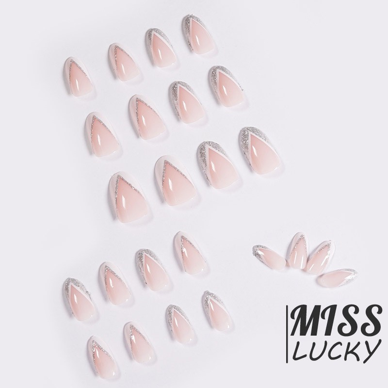 VN (Hàng Mới Về) Hộp 24 Móng Tay Giả Màu Trắng Và Bạc Kèm Keo Dán Tiện Dụng