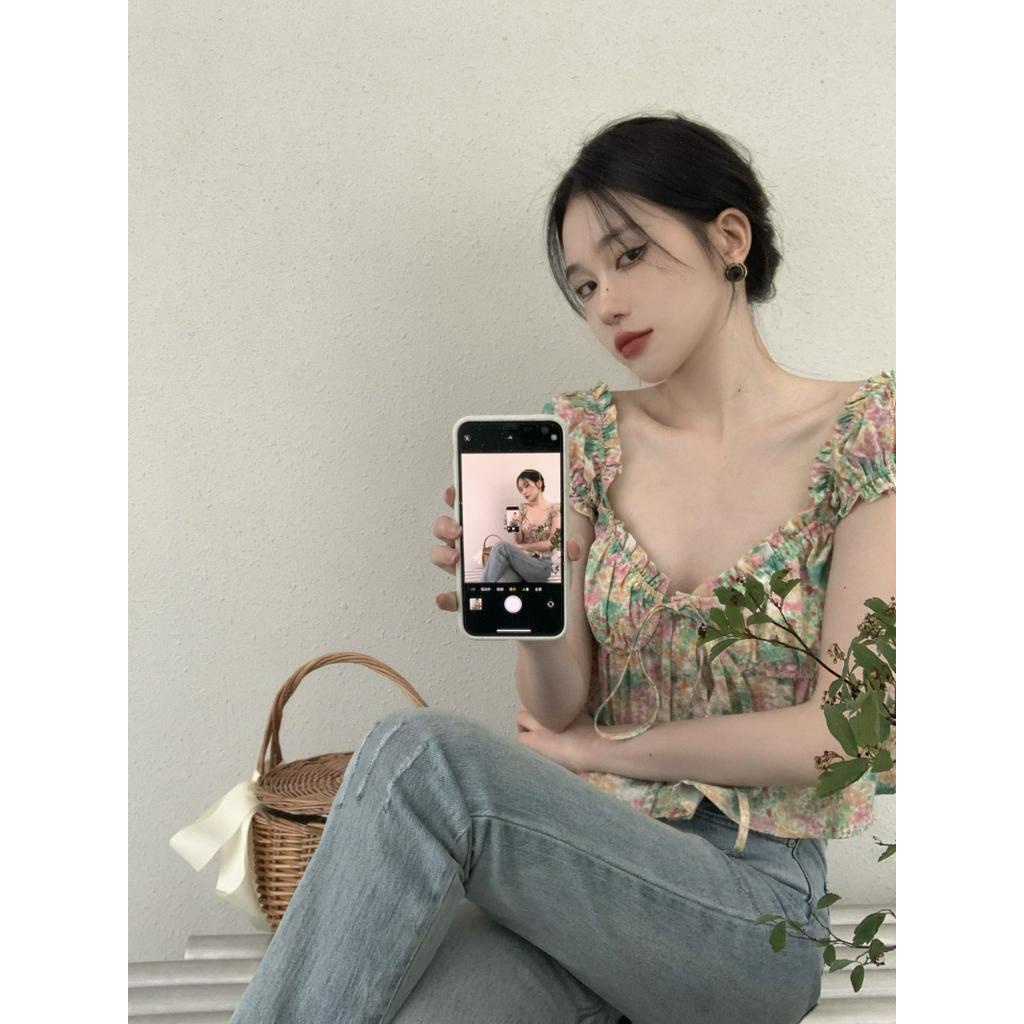 Áo Sơ Mi Tay Phồng Cổ Búp Bê Cột Dây Dáng Ngắn Thời Trang Xinh Xắn Cho Nữ