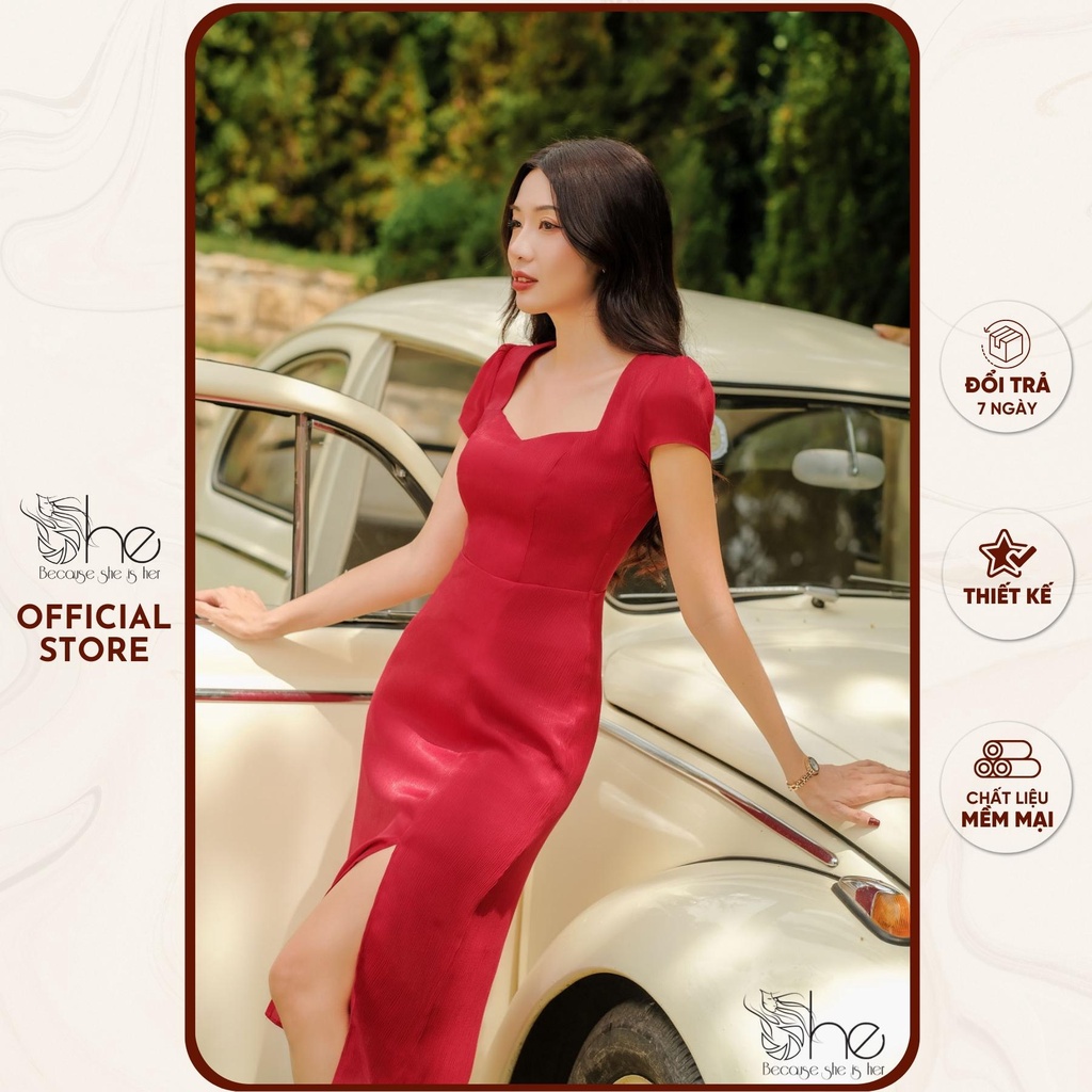 Đầm đỏ dự tiệc cổ vuông xẻ tà She, Váy đầm cột dây sau midi sang trọng tiệc SDX156
