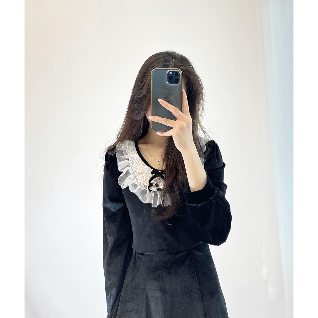 (FREESHIP) đầm nhung đen cổ bèo trắng miho.house