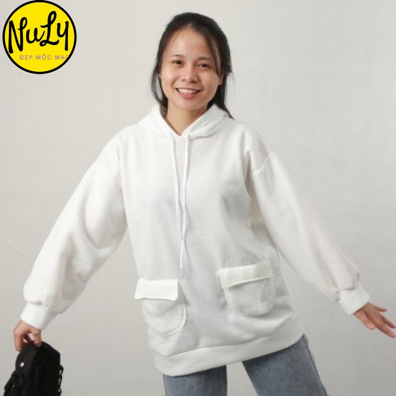 Áo hoodie trơn túi hộp nữ tay bồng form rộng Ulzzang chất nỉ bông NULY, HDTA