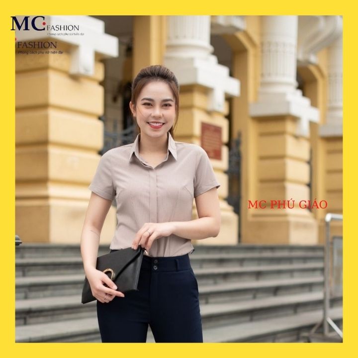 [Hàng Đẹp] Mẫu Áo Sơ Mi Nữ Công Sở Đẹp Kẻ Sọc Caro Tay ngắn Cổ Đức Có 3 Màu Hồng Cam Xanh Mc Fashion A645