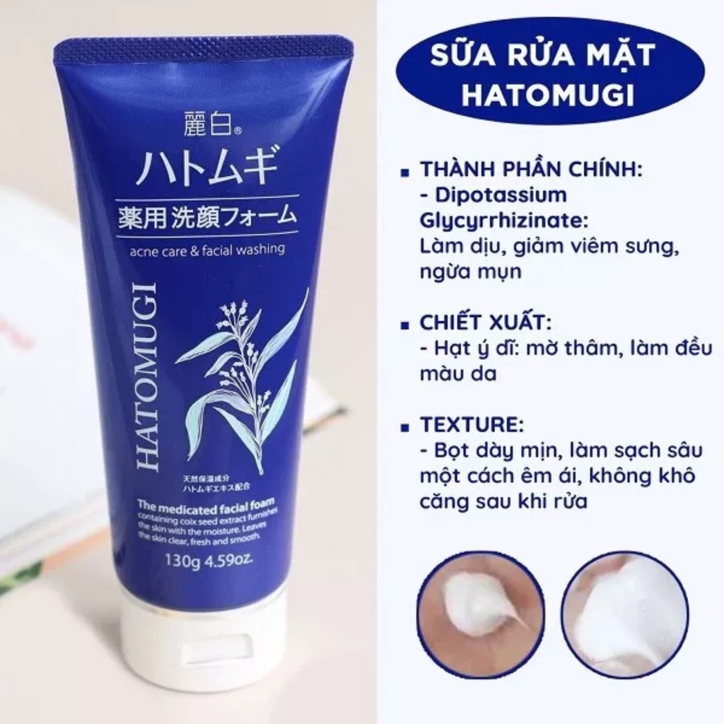 Sữa Rửa Mặt Ngừa Mụn Reihaku Hatomugi The Medicated Facial Foam Dưỡng Ẩm Sáng Da 130g