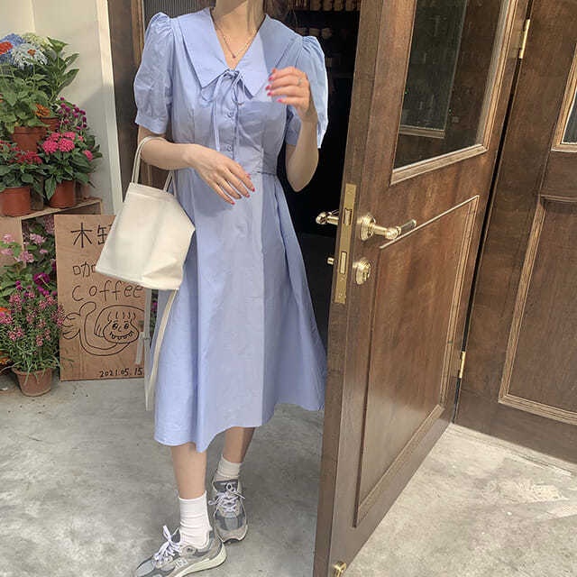 Đầm Ngắn Tay Cổ Búp Bê Phong Cách Pháp Thời Trang Mùa Hè Cho Nữ