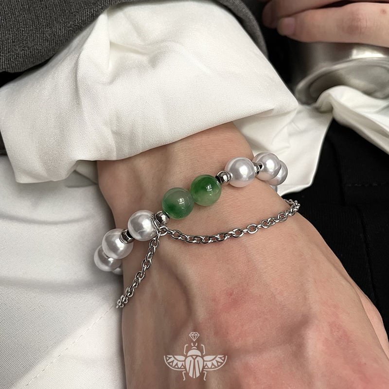 Vòng Tay Đôi Bằng Thép Titan Đính Ngọc Trai Giả Phong Cách hip hop Thanh Lịch Dễ Thương Dành Cho Cặp Đôi