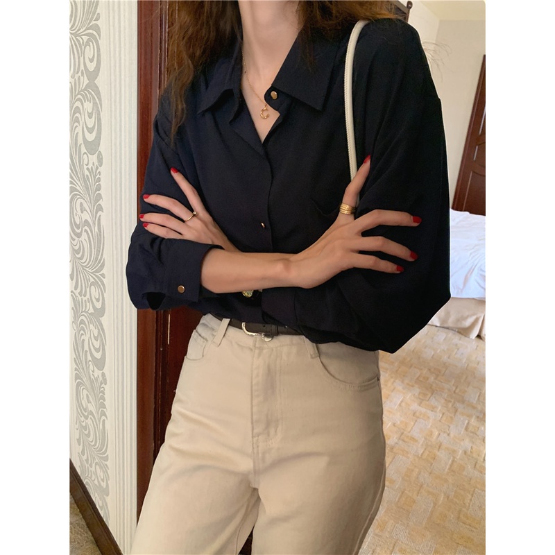 Áo sơ mi dài tay dáng rộng phối hàng nút đơn thời trang 46407