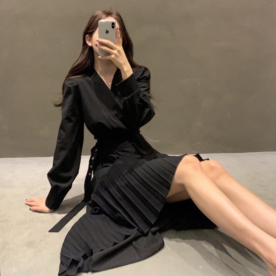 Đầm Tay Dài Cổ Chữ V Thiết Kế Đơn Giản Phong Cách Hàn Quốc Mới 41424 | BigBuy360 - bigbuy360.vn