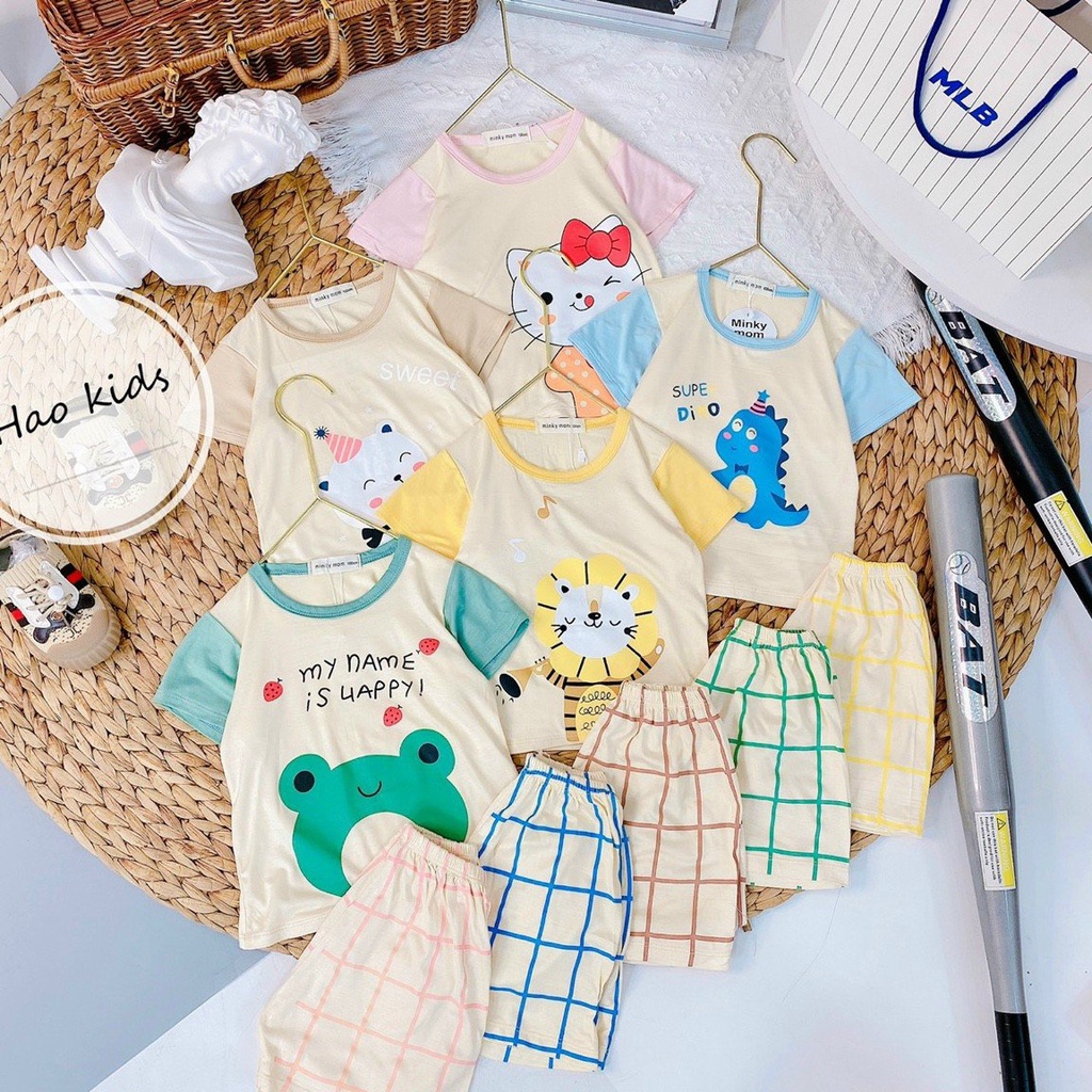Bộ thun lạnh Minky cộc tay hoạt hình quần kẻ