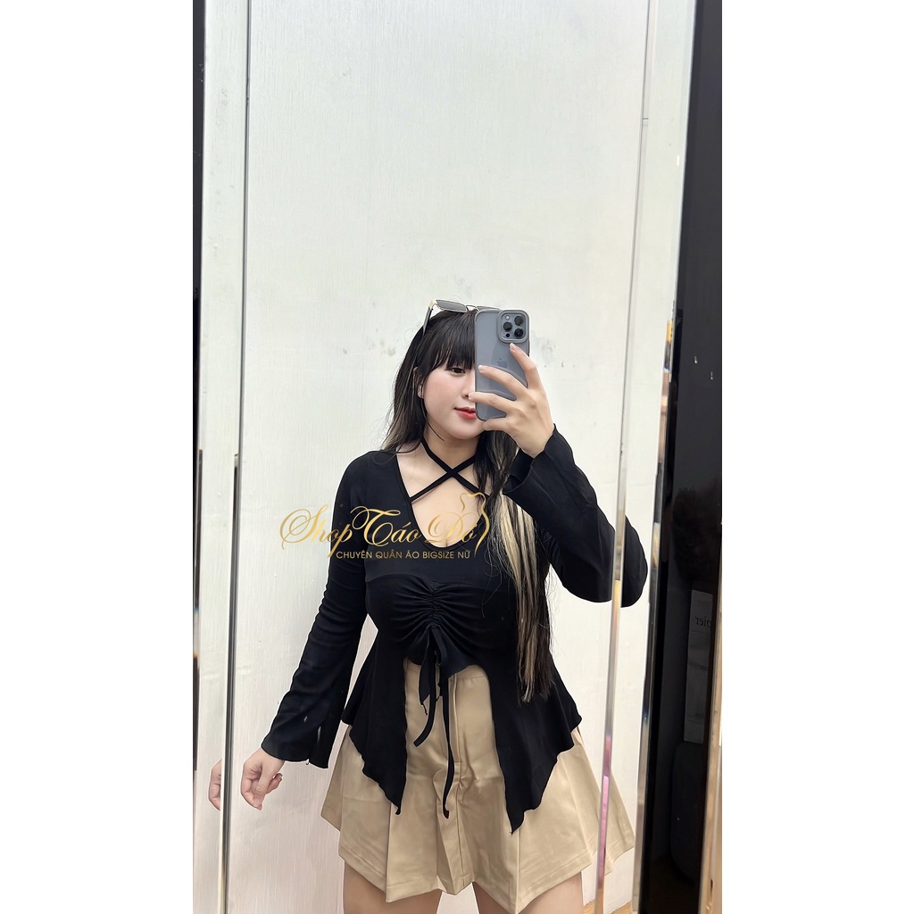 (TÁO ĐỎ BIGSIZE 55-90KG) Áo Kiểu Nữ Ôm Body Tay Dài Cổ Chéo RÚT EO DÀI TAY, Thun gân Borip dày dặn A52