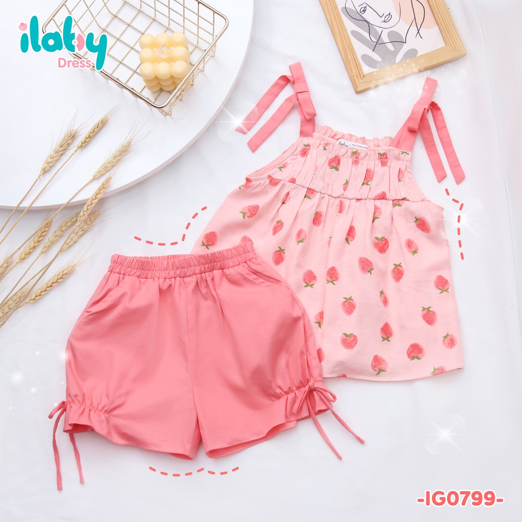 Đồ bộ bé gái ILABY nhún ngực quả dâu chất liệu đũi trơn thoáng mát