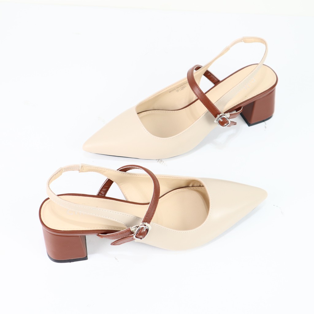 Giày sandal nữ mũi nhọn thanh lịch phối màu độc đáo gót vuông 5cm đi chơi đi làm Cillie 1172