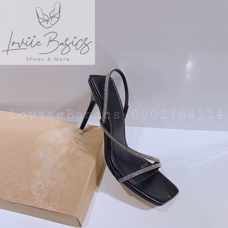 LOVIIE BASICS - GIÀY SANDAL CAO GÓT QUAI CHÉO ĐÍNH ĐÁ 9 PHÂN - GIÀY CAO GÓT NỮ ĐÍNH ĐÁ 9 PHÂN - BẠC TRẮNG ĐEN - G210103