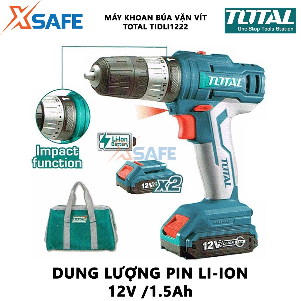 Máy khoan cầm tay Total TIDLI1222 máy khoan búa dùng pin đầu khoan khóa tự động, nhông cơ khí 2 tốc độ, kèm 2 pin 1 sạc