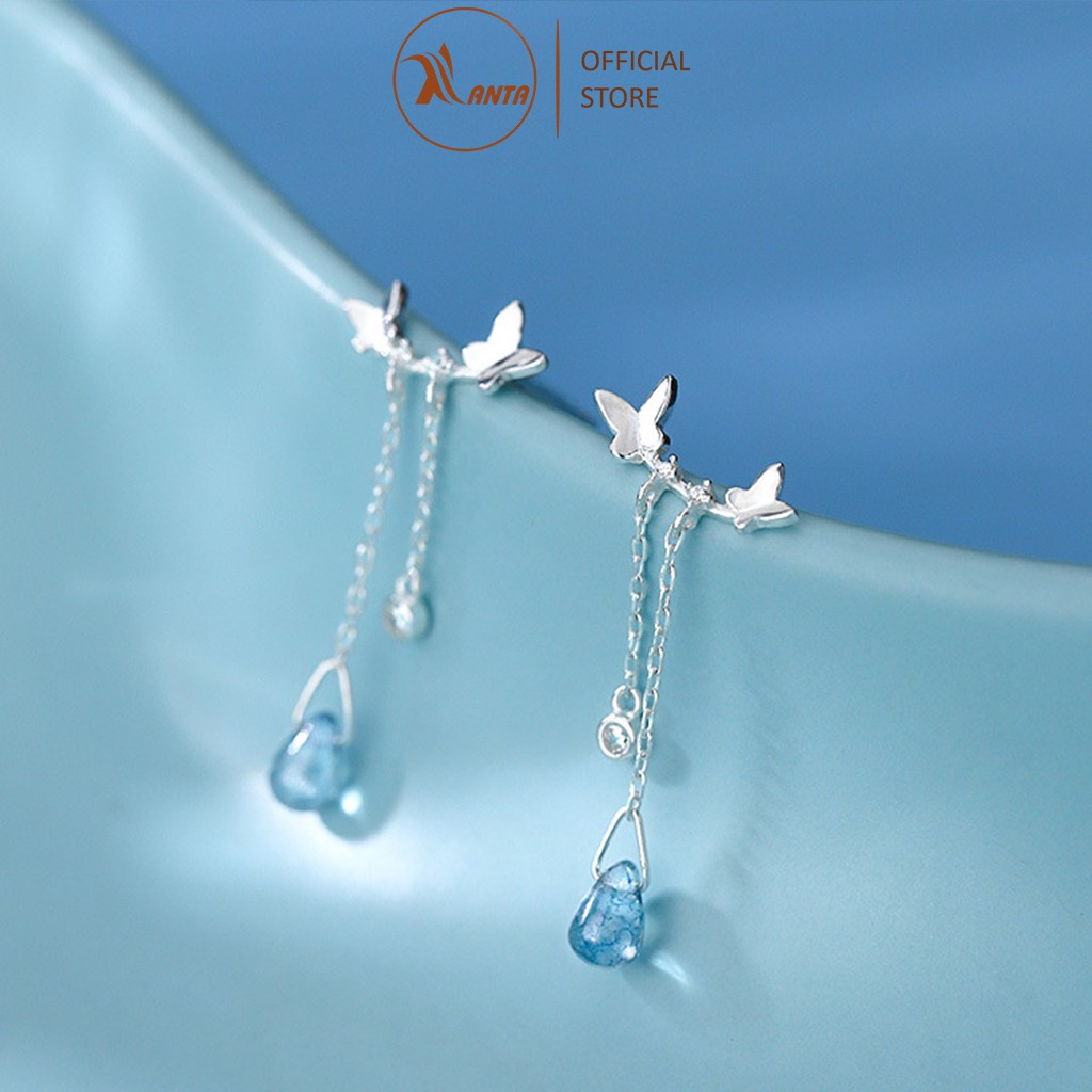 Bông Tai Bạc 925 ATJ7054B Hình Bướm Thả Dài Đính Đá Pha Lê Xanh Phong Cách Hàn Quốc -  ANTA Jewelry