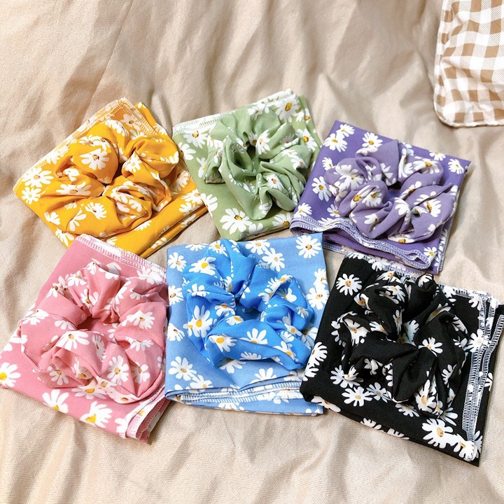 Lẻ/Set Khăn Turban Bandana + Cột Tóc Scrunchies Lụa Hoa Cúc Siêu Xinh - Vani Store