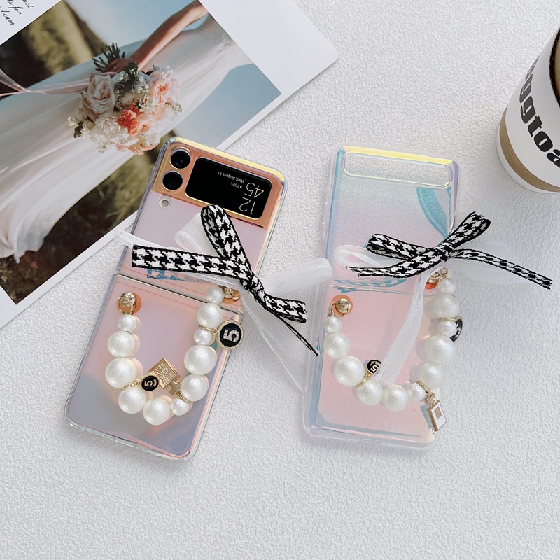 Ốp điện thoại trong suốt phối dây ngọc trai dễ thương cho Samsung Galaxy Z Flip 3 Z Flip3 ZFlip3