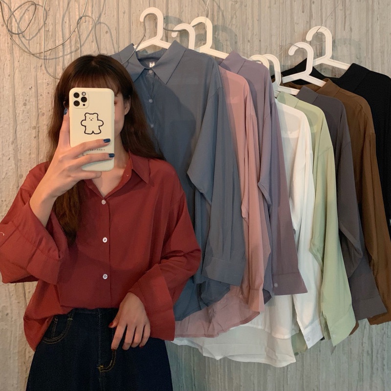Áo Sơ Mi Tay Dài Màu Trơn Đơn Giản Thời Trang Cho Nữ