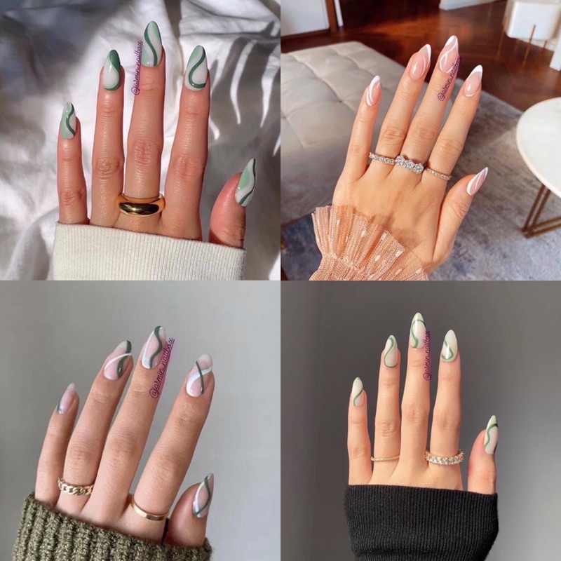 [ NAIL BOX ] móng úp thiết kế sẵn nailbox mẫu vẽ trắng xanh vintage