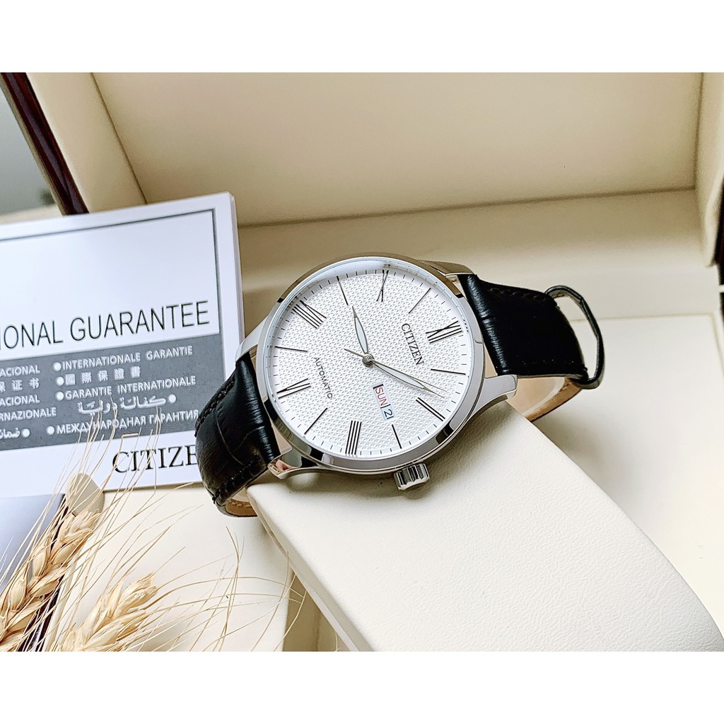 Đồng hồ Nam chính hãng Citizen Automatic NH8350-08A Size 40,Mặt trắng,Lịch-Máy cơ tự động-Dây da đen cao cấp