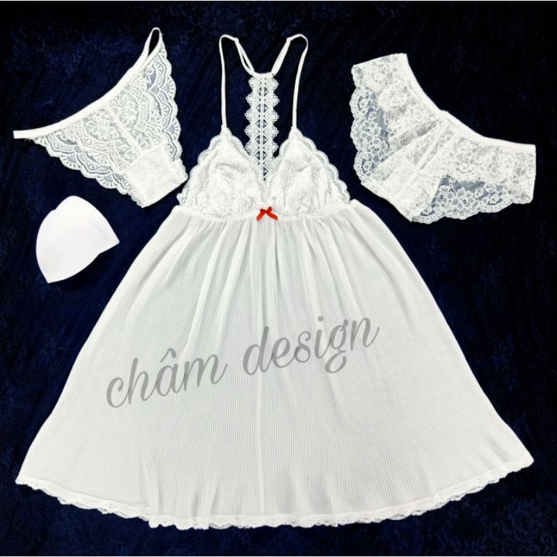 váy ngủ voan trắng dập ly nhỏ gắn nơ đỏ cao cấp hàng thiết kế độc quyền tại shop