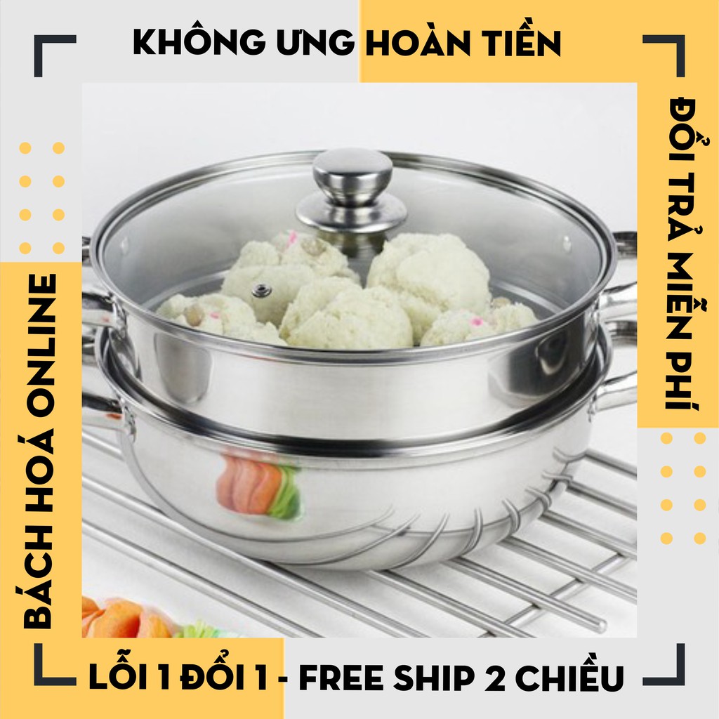 [Hàng Loại 1] Nồi hấp inox 28cm - nồi hấp đa năng 2 tầng cao cấp nắp kính