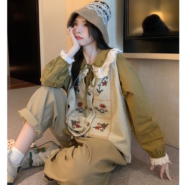 Áo khoác gile nhung nữ kiểu thêu hoa vintage, gile nữ phối sơ mi form rộng cổ ren nơ 7754