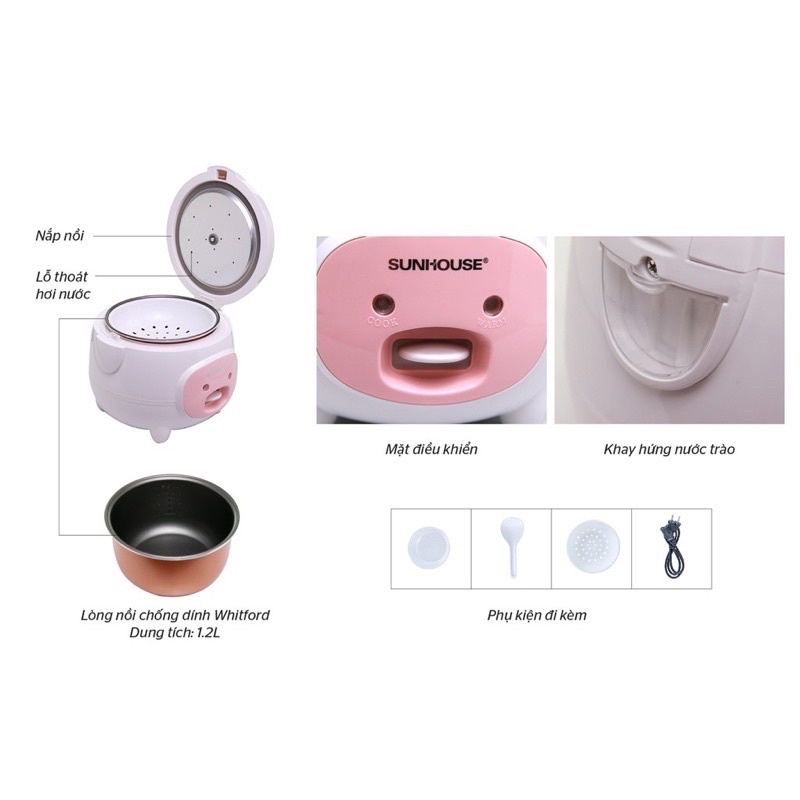 Nồi cơm điện Sunhouse SHD8217W, Công suất 500W, Dung tích 1.2 lít
