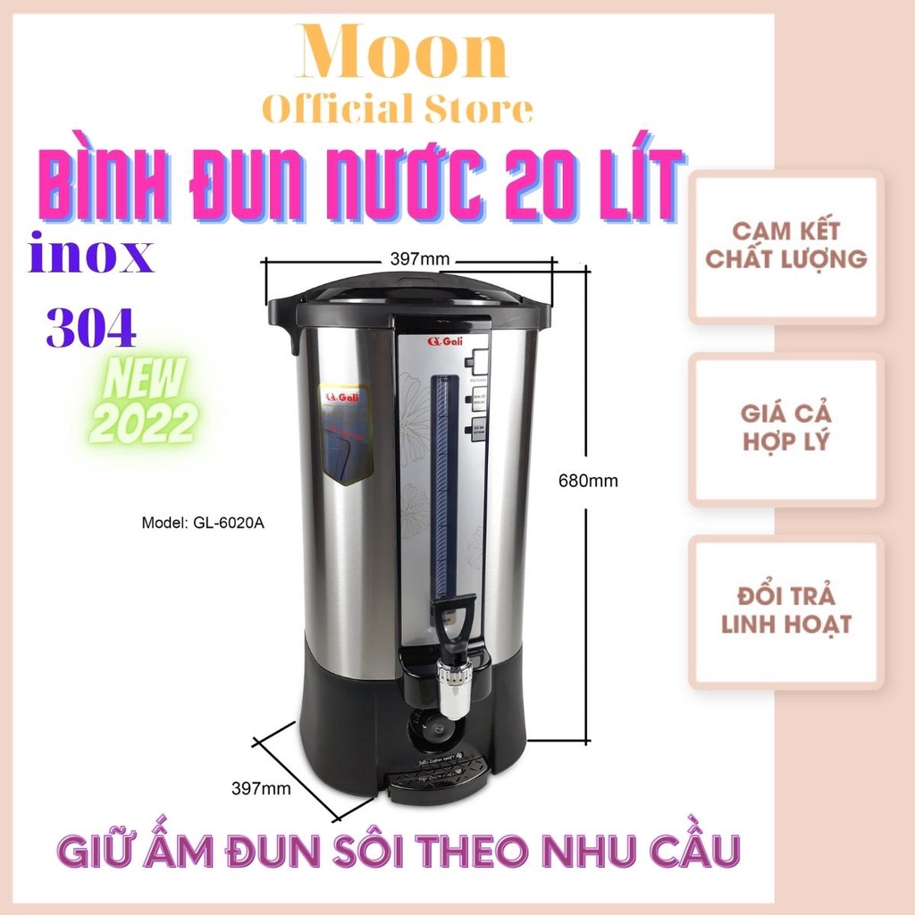 Bình đun nước dung tích lớn 20 lít thân 02 lớp inox 304, giữ ấm nấu nhanh chậm theo nhu cầu, hàng chính hãng Gali