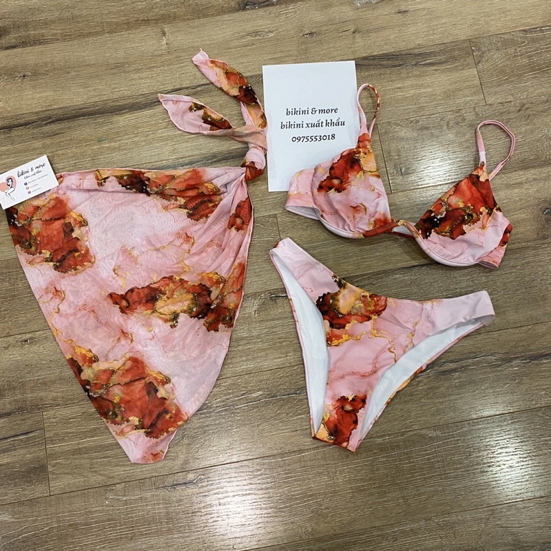 [BKN981] &lt;ÂU&gt; SET BIKINI 3 MÓN HỒNG LOANG/XANH LOANG KÈM KHĂN HÔNG (CÓ GỌNG)