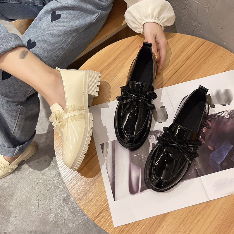 Oxfords Nữ Giày Bệt Có Nơ, Giày Búp Bê Lười Phong Cách Anh Quốc (Da Bằng Sáng Chế)