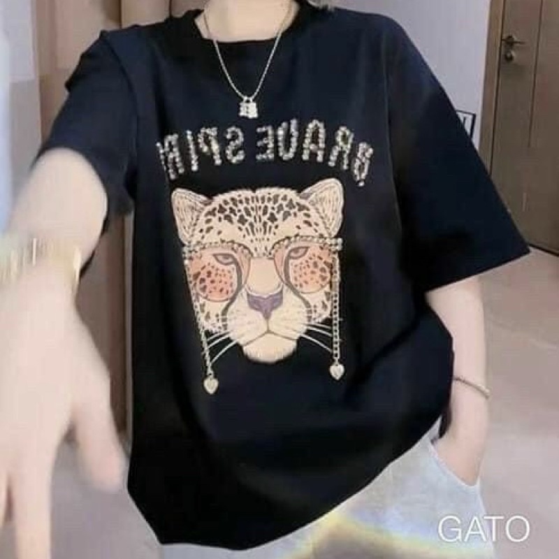 Áo phông cotton mặt hổ Áo thun phom thụng dáng rộng tay ngắn