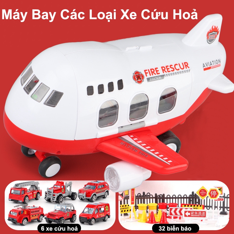 bộ đồ chơi máy bay chứa các bộ xe cảnh sát_công trình_cứu hỏa bằng hợp kim và biển báo cho bé