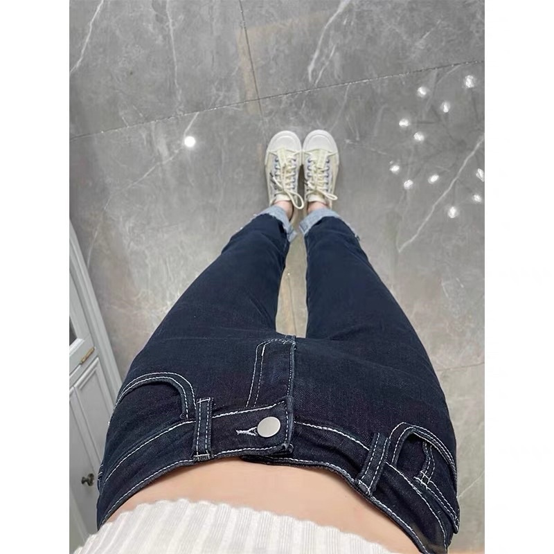Quần jeans ống đứng gấp gấu đen cạp cao co dãn mẫu mới