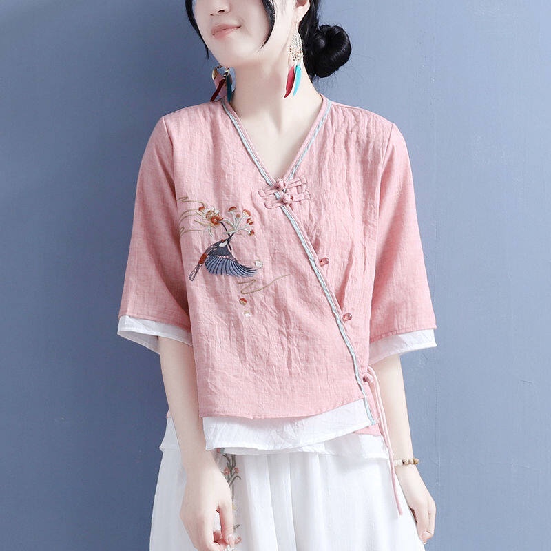 Áo Sơ Mi Cotton Lanh Sát Nách Cổ Chữ V Thêu Họa Tiết Hoa Và Chim Thời Trang Cho Nữ