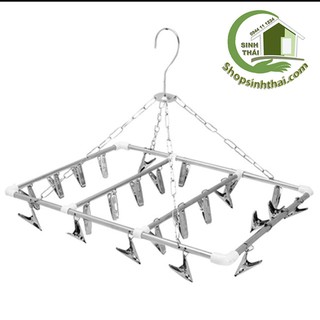 Móc dù inox treo phơi quần áo trẻ em 28 kẹp, móc dù xếp gọn hình chữ nhật