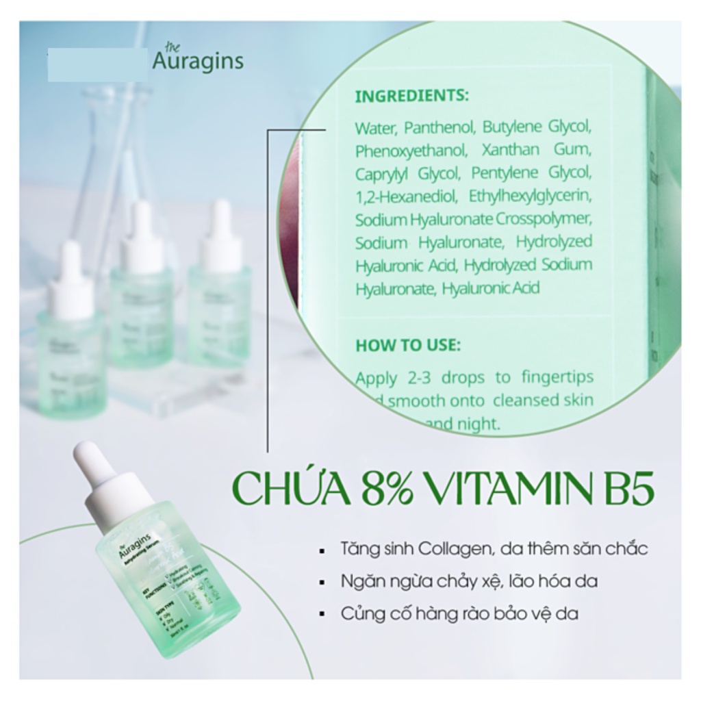 Tinh Chất Cấp Ẩm Phục Hồi The Auragins 8% Vitamin B5 & Hyaluronic Acid Serum 30ml