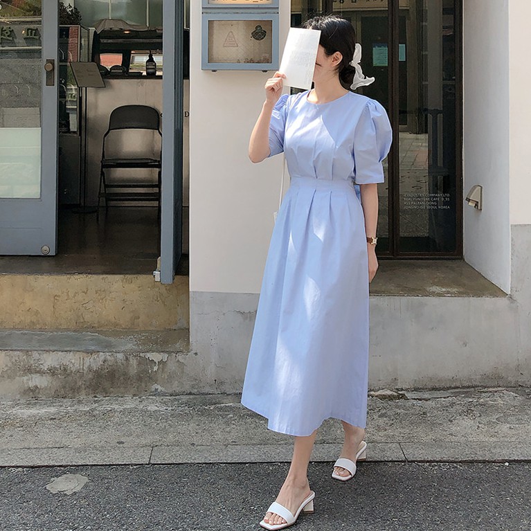 Đầm tay phồng cổ tròn màu trơn xinh xắn cho nữ 42997