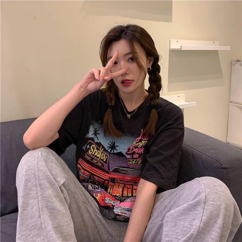 Áo thun COZOK cotton tay ngắn dáng rộng phong cách Harajuku Hàn Quốc dễ phối đồ