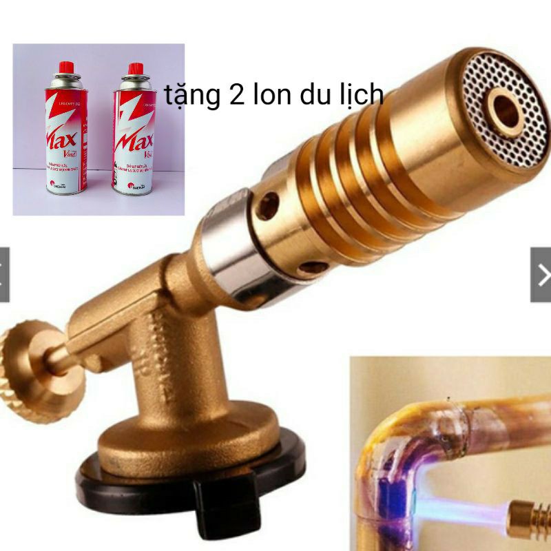 Combo đèn khò ga mini đồng nguyên chất 100% kèm 2 lon du lich